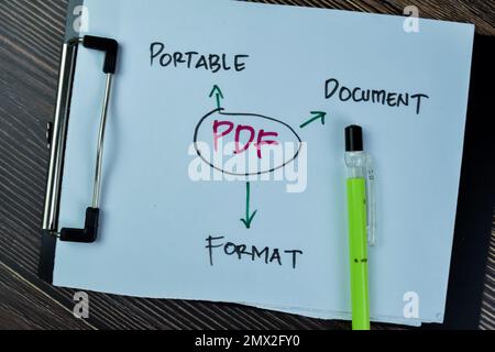 Konzept von PDF – Portable Document Format Schreiben Sie auf Unterlagen isoliert auf einem Holztisch. Stockfoto