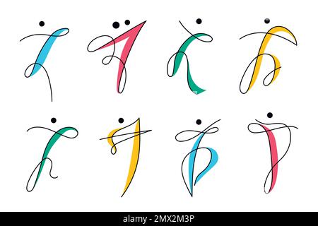 Vector Set menschliche Körpertanz-Logos, menschliche Formen, lineare, farbenfrohe Figuren. Nutzung für Fitness, Wellness, Sportwettkämpfe, andere Aktivitäten Stock Vektor