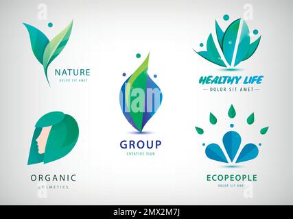 Vector Satz grüner Öko-Logos - Männer und Blätter, Bio-Produkte, gesundes Leben Konzept. Stock Vektor