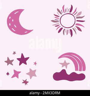 Süße, skurrile Sonne und Mond mit Vektormotiven. Illustration der Nacht-Tag-Himmelskollektion für Kinder Clipart. Stock Vektor