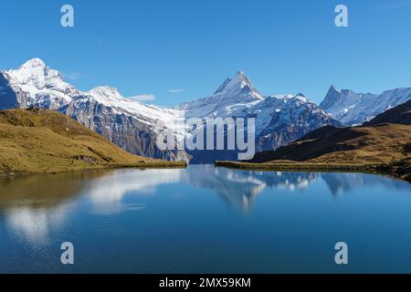 Bachalpsee in der Nähe von First, Schweiz mit schneebedeckten Alpen im stillen Wasser Stockfoto