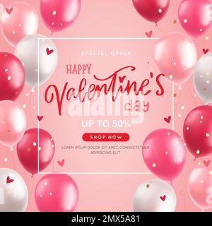 Banner zum Valentinstag mit 3D Ballons, realistisch pinkfarbenen und roten Luftballons, handgezeichnete Kalligraphie auf pinkfarbenem Hintergrund, Vektordarstellung Stock Vektor