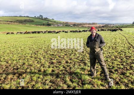 Timoleague, West Cork, Irland. 2. Februar 2023. Der Milchbauer David Deasy aus Timoleague sieht zu, wie seine 240-köpfige Herde Milchkühe für den Tag auf die Weide geht. Kredit: AG News/Alamy Live News Stockfoto