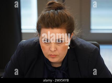 02. Februar 2023, Hamburg: Anna Gallina (Bündnis 90/die Grünen), Senatorin für Justiz und Verbraucherschutz in Hamburg, ist Mitglied des Justizausschusses des Hamburger Parlaments. Das Justizkomitee befasst sich mit dem tödlichen Messerangriff auf den Regionalzug von Kiel nach Hamburg. Justizsenatorin Gallina will im Komitee über die Hamburger Aspekte des Gesetzes berichten. Vor einer Woche wurden zwei junge Menschen getötet und fünf weitere verletzt. Der mutmaßliche Täter, ein 33-jähriger Palästinenser, war einige Tage zuvor aus der Untersuchungshaft in einem Hamburger Gefängnis entlassen worden, in dem er diente Stockfoto