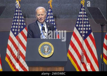 Washington, Usa. 02. Februar 2023. Präsident Joe Biden spricht beim jährlichen National Prayer Breakfast 70. in den USA von Einheit und parteiübergreifender Zusammenarbeit Capitol in Washington, DC, am Donnerstag, den 2. Februar 2023. Vizepräsident Kamala Harris war ebenfalls anwesend. Foto: Bonnie Cash/UPI Credit: UPI/Alamy Live News Stockfoto