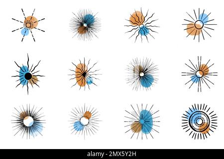 Vektorsammlung abstrakter Sonnenhand gezeichneter schwarzer Linien. Farbige Flecken von Aquarellfarbe. Logo für Isoterik, Himmelskörper, Astrologie. Stock Vektor