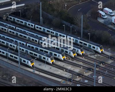 Peterborough, Großbritannien. 01. Februar 2023. Die Züge stehen in Peterborough, Cambs, auf Gleisen, da die nationalen Streikaktionen der Triebfahrzeuggewerkschaft ASLEF und der RMT bedeuten, dass heute oder Freitag, den 3. Februar, keine Züge verkehren werden. Auf der Hauptstrecke der Ostküste zwischen Peterborough und London verkehren in der Regel viele Pendler auf Thameslink- und LNER-Zügen. Kredit: Paul Marriott/Alamy Live News Stockfoto