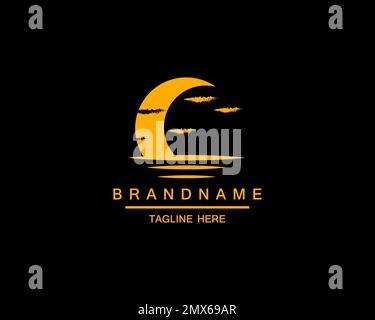 Moon-Logo-Design. Halbmond über dem Wasser. Halbmond über dem Meer. Vektorgrafik. Stock Vektor