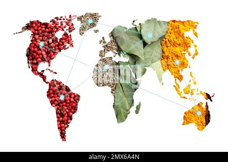 Doppelbelichtung von Weltkarte und verschiedenen Gewürzen auf weißem Hintergrund. Logistik- und Großhandel-Konzept Stockfoto