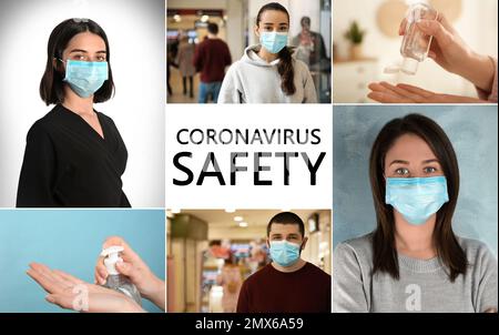 Collage mit verschiedenen Fotos gewidmet Coronavirus Ausbruch. Seien Sie in Sicherheit Stockfoto