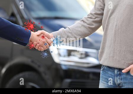 Männer schütteln die Hand, Nahaufnahme. Virus verbreitet Stockfoto