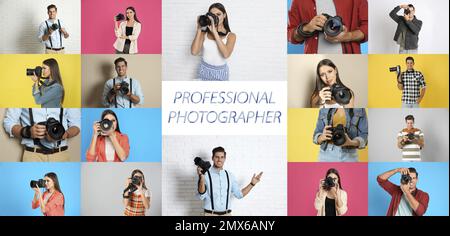 Collage verschiedener Menschen mit Kameras und Text professioneller Fotograf Stockfoto