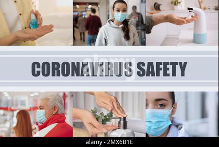 Collage mit verschiedenen Fotos gewidmet Coronavirus Ausbruch. Seien Sie in Sicherheit Stockfoto