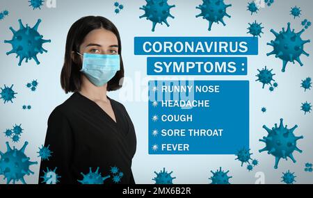 Frau mit medizinischer Maske und Liste der Coronavirus-Symptome auf farbigem Hintergrund Stockfoto