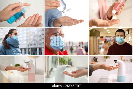 Collage mit verschiedenen Fotos gewidmet Coronavirus Ausbruch. Seien Sie in Sicherheit Stockfoto