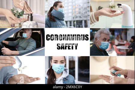 Collage mit verschiedenen Fotos gewidmet Coronavirus Ausbruch. Seien Sie in Sicherheit Stockfoto