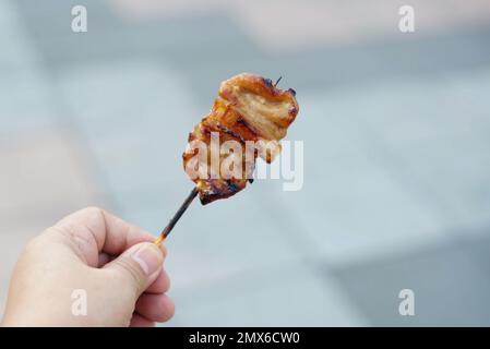 Eine Hand hielt einen Schweinebraten, nachdem sie sich Essen zubereitete gekauft hatte. Stockfoto