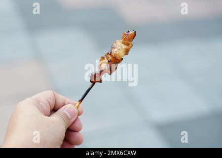 Eine Hand hielt einen Schweinebraten, nachdem sie sich Essen zubereitete gekauft hatte. Stockfoto