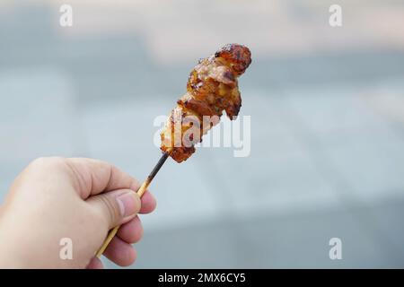 Eine Hand hielt einen Schweinebraten, nachdem sie sich Essen zubereitete gekauft hatte. Stockfoto