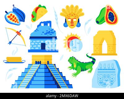 Maya und Azteken - Flachdesign-Zeichnungsset Stock Vektor