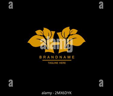 Goldenes H-Logo mit luxuriösem und wunderschönem Blattverzierung. H Monogramm. H-Typographie. Logo mit goldener Feder. Anfangsbuchstabe H Logo. goldenes Flowe Stock Vektor