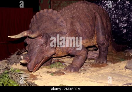 Lebensgroße animatronische Dinosaurier des amerikanischen Unternehmens Dinamation Corp auf der Ausstellung bei den „Dinosaurs Alive!“ Die Ausstellung im Alexandrea-Palast erfreuen Sie sich an der Besichtigung Stockfoto