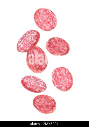 Set mit fliegender, frischer Wurst auf weißem Hintergrund Stockfoto