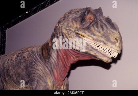 Lebensgroße animatronische Dinosaurier des amerikanischen Unternehmens Dinamation Corp auf der Ausstellung bei den „Dinosaurs Alive!“ Die Ausstellung im Alexandrea-Palast erfreuen Sie sich an der Besichtigung Stockfoto