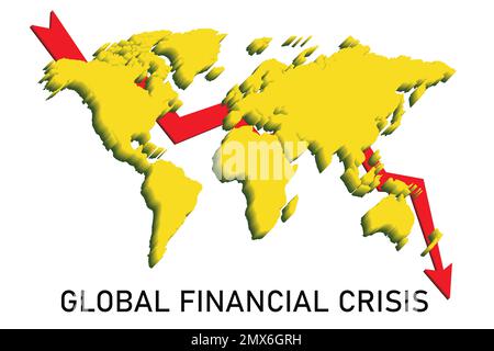 Abbildung einer Karte und Weltkarte auf weißem Hintergrund. Auswirkungen des Coronavirus auf die globale Finanzkrise Stockfoto