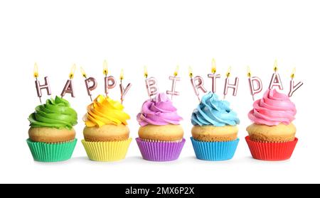 Geburtstag Geburtstagskuchen mit Kerzen auf weißem Hintergrund Stockfoto