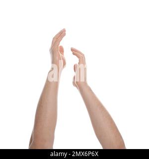 Ein Mann, der Hände auf weißem Hintergrund streckt, Nahaufnahme Stockfoto