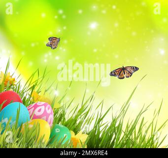 Farbenfrohe Ostereier mit Blumen im grünen Gras und Schmetterlingen auf verschwommenem Hintergrund Stockfoto