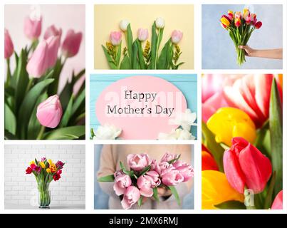 Collage mit Fotos von wunderschönen Blumen und Text Happy Mother's Day Stockfoto