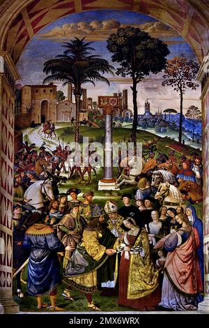 Enea Silvio Piccolomini präsentiert Frederick III der Eleonora von Portugal 1502-08 von Pinturicchio 1454 - 1513 Fresco, Piccolomini Bibliothek, Metropolitanische Kathedrale der Heiligen Maria der Himmelfahrt - Duomo di Siena, 1215. Und 1348., 13. Jahrhundert, Toskana, Italien, Italienisch, Gotik, Romanik, Klassik. Stockfoto