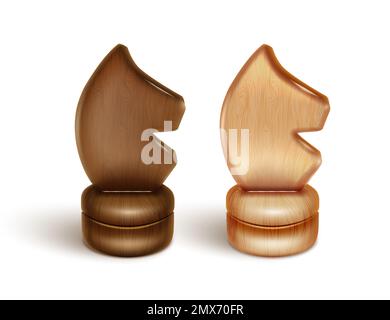 Zwei Schachfiguren - Ritter, Pferde. Aus lackiertem Holz. Realistische 3D-Darstellung. Isoliert auf weißem Hintergrund. Vektor Stock Vektor