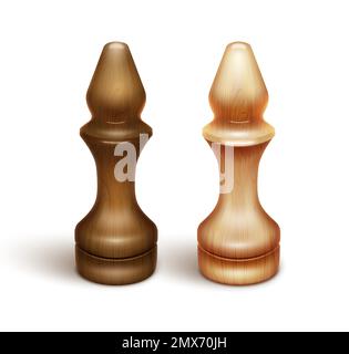 Zwei Schachfiguren - Bischöfe. Aus lackiertem Holz. Realistische 3D-Darstellung. Isoliert auf weißem Hintergrund. Vektor Stock Vektor
