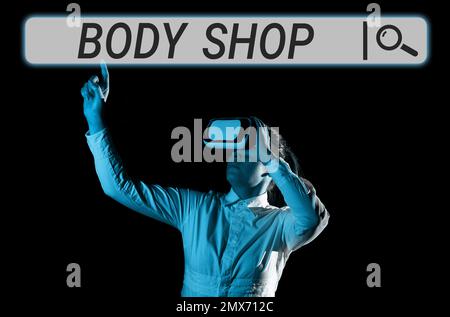 Schreiben mit Text Body Shop. Das Wort für ein Geschäft, in dem Karosserien hergestellt oder repariert werden Stockfoto