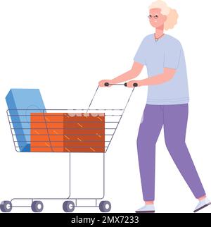 Alte Frau mit Supermarkt-Trolley. Weihnachtsgeschenke einkaufen isoliert auf weißem Hintergrund Stock Vektor