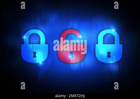 Verhinderung von Cyberangriffen. Drei Schlösser und Weltkarte im Hintergrund Stockfoto