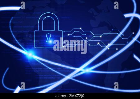 Konzept zur Verhinderung von Cyberangriffen. Digitales Schloss und Weltkugel im Hintergrund Stockfoto