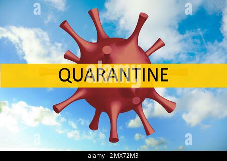 Schließung des Luftverkehrs durch Quarantäne während des Coronavirus-Ausbruchs. Illustration des Virus gegen den blauen Himmel Stockfoto