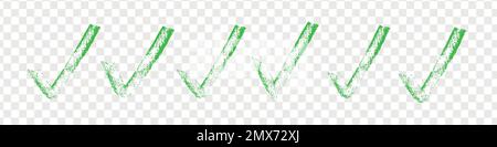 Grünes Häkchen gesetzt. Aktivieren Sie das Symbol für den Grunge Pinsel. ok, ja oder rechtes Zeichen. Flache grafische Vektorabbildungen isoliert Stock Vektor