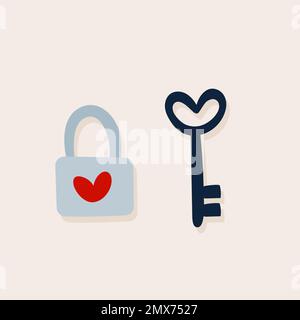 Alles Liebe zum Valentinstag. Schlüssel und geschlossenes Vorhängeschloss. Handgezeichnetes Doodle. Vektordarstellung, flaches Design Stock Vektor