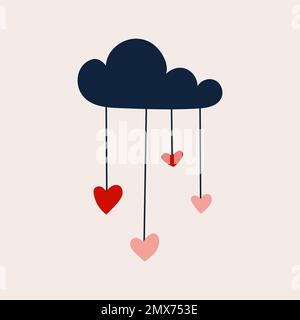 Alles Liebe zum Valentinstag. Wolke mit hängenden Herzformen. Handgezeichnetes Doodle. Vektordarstellung, flaches Design Stock Vektor