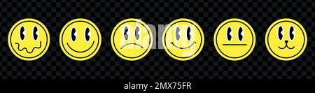 Trendiges Retro-Gesichter-Sticker-Set. Abstrakte Kollektion mit coolen Patches. Positives Lächeln, traurige und seltsame Kinderelemente. Isolierte Darstellung mit Flachvektor Stock Vektor