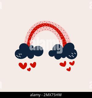 Alles Liebe zum Valentinstag. Wolken und Regenbogen. Handgezeichnetes Doodle. Vektordarstellung, flaches Design Stock Vektor