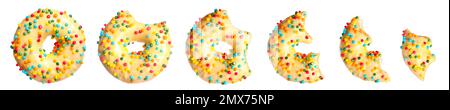 Set mit glasierten köstlichen Donuts auf weißem Hintergrund Stockfoto