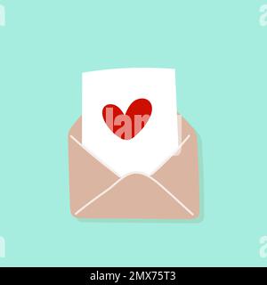 Alles Liebe zum Valentinstag. Liebesbrief. Offener, herzförmiger Umschlag. Handgezeichnetes Doodle. Vektordarstellung, flaches Design Stock Vektor