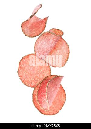Set mit fliegender, frischer Wurst auf weißem Hintergrund Stockfoto