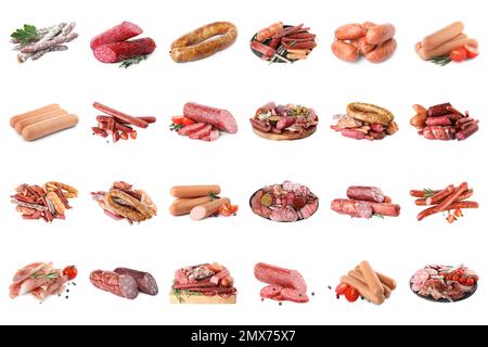 Mit verschiedenen leckeren Würstchen auf weißem Hintergrund Stockfoto